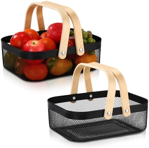 Sadnyy 2 Pcs Black Metal Wire Storage Basket with Handle Mesh Harvest Durable Vegetables Fruit Toy Basket for Garden Organizing, Kitchen, Countertop, Closet, Bedroom (12.6 x 9.7 x 4.3 Inch) by Sadnyy