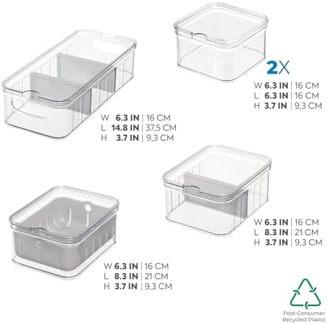 iDesign Crisp 5-Piece Recycled Plastic Refrigerator Organizer Bin Set with Lids, Clear/Gray - Image 3