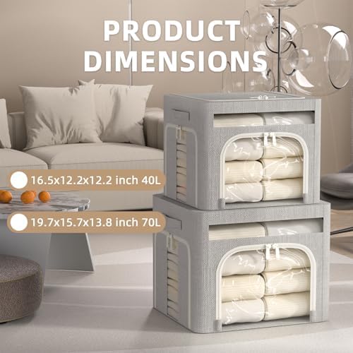 FHSQX 6 Pack Foldable Storage Bins for Clothes Clothes Storage Bins with Metal Frame Stackable Storage Box with Lid (Light Grey, 19.7x15.7x13.8 inch (70L)) - Image 3