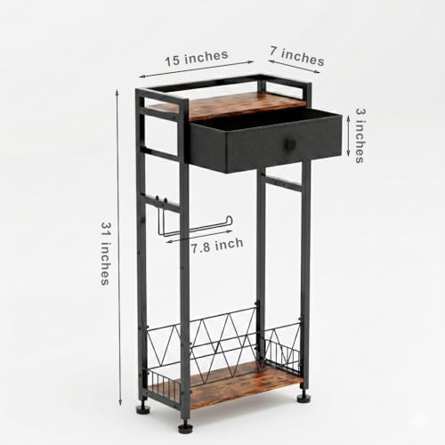 Freestanding Toilet Paper Holder Stand with Storage Drawer, Narrow Bathroom Shelf, Spare Roll Basket, 4-Way Install Paper Arm, Space-Saving Rack for Apartments & RVs (Brown) - Image 3