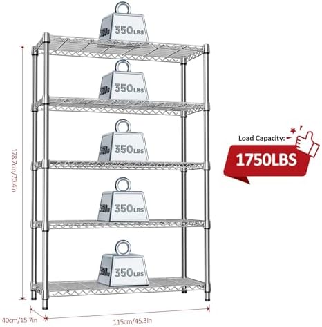 IZEUK 1750LBS Garage Shelving Wide Storage Shelves 5 Tier Metal Shelves Heavy Duty Adjustable Utility Shelf Rack (Chrome, 5 Tier, 15.7" D x 45.3" W x 70.9" H) - Image 3