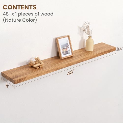Floating Shelves for Wall, 48"Wx8"D Rustic Solid Elm Wood Floating Shelves Wall Mounted, Round Edge Wall Shelves with Invisible Bracket for Living Room Bathroom Bedroom Kitchen, Set of 1, Natural - Image 2