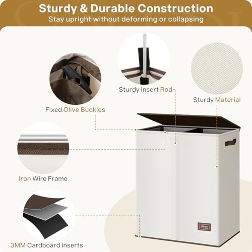 SOLEDI Luxury Double Laundry Hamper with Lid and Removable Bags, 38.3 Gal Large Laundry Bin, Laundry Basket 2 Sections, Collapsible Clothes Hamper for Bedroom, Laundry Room, Bathroom, Off-white - Image 6