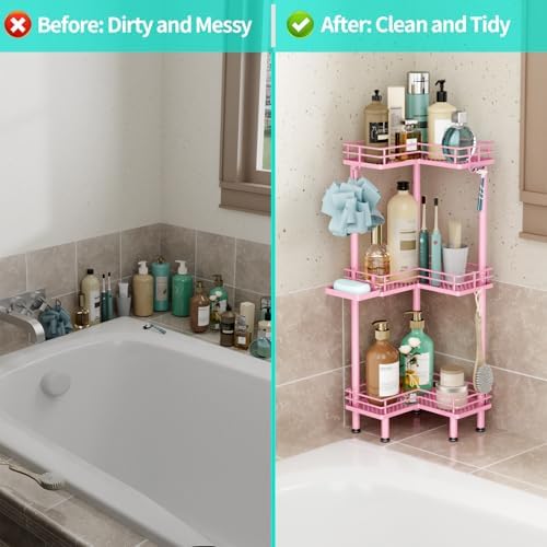HapiRm Corner Shower Caddy Standing - 3 Tier Shower Organizer Corner with Soap Holder, Rustproof Bathroom Standing Organizer with 4 Hooks, Pink - Image 6