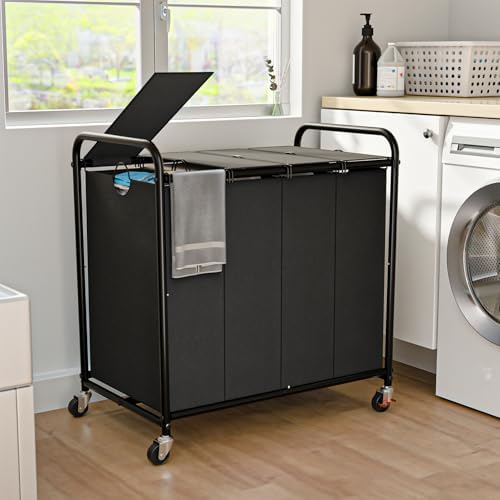 Laundry Sorter 4 Sections 48 Gal, Rolling Laundry Basket with Wheels ＆ Lid by OLLDIDE