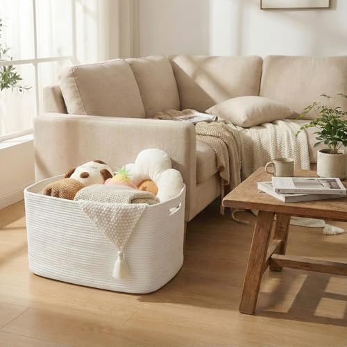 JMvicyroam 96L Large Woven Cotton Rope Blanket Basket, White - Image 2