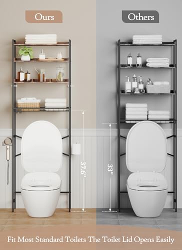 Quikraen 4 Tier Over The Toilet Storage Shelf with 3 Adjustable Shelves, Space Saver Bathroom Organizer with 4 Hooks, Freestanding Above Toilet Rack for Restroom Laundry (Brown) - Image 5