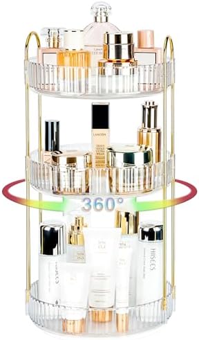 360 Rotating Makeup Organizer, 3 Tier Large Capacity Lazy Susan Bathroom Counter Organizer, Skincare Organizers, Spinning Perfume Organizer & Vanity Organizer Countertop (Golden Clear, 3 Tier) by Niluks