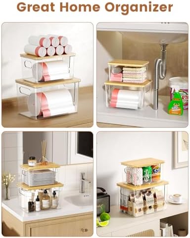 Trash Bag Dispenser 2 Pack, Stackable Trash Bag Holder with Bamboo Lid – Clear Plastic Garbage Bag Organizer for 4-33 Gal Bags, Space-Saving Under Sink Organizer for Kitchen, Laundry, Pantry - Image 6