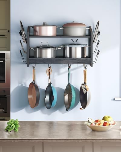 CHOEZON Hanging Pot Rack, Pot Rack Wall Mounted, 2-Tier Kitchen Pot and Lid Organizer, Wall-Mounted Cookware Holder with 12 Hooks, for Kitchen Storage of Pots, Pans, Utensils, Charcoal Black TPR02BC - Image 6