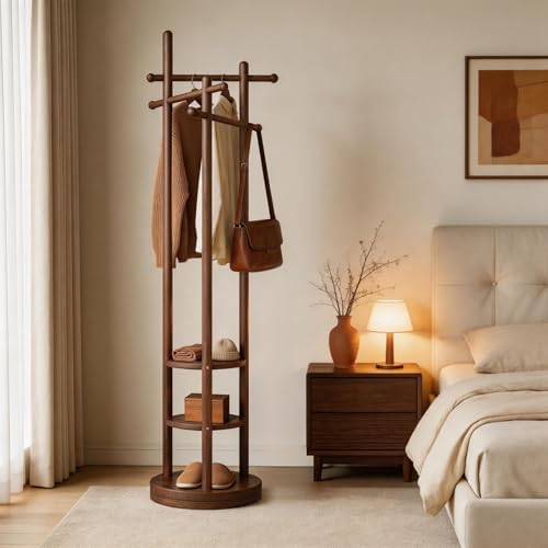 Coat Rack Freestanding, Solid Wood Coat Tree with 6 Hooks and 3 Storage Shelves for Bedroom, Entryway Living Room, Office, Corner Hanger Stand for Purse, Bag, Jacket, Hat - Image 3