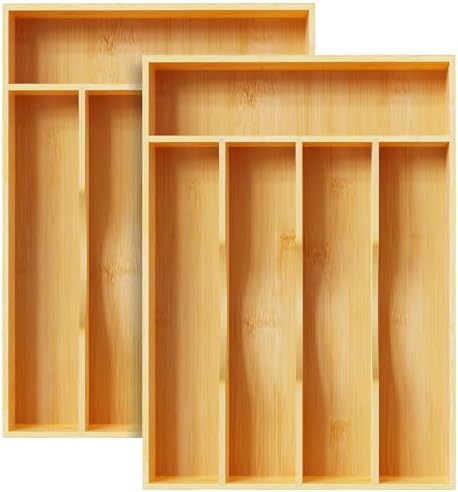 Greenual Silverware Organizer 10 In Utensil Organizer Silverware Tray for Drawer Cutlery Flatware Organizer for Kitchen Bamboo Wood 2 Pack by Greenual