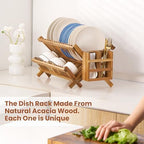 NOVAYEAH Acacia Wooden Dish Drying Rack for Kitchen Counter 2-Tier Collapsible Bmaboo Dish Drying Rack with Utensil Holder-Large Folding Dish Drainer Rack with Flatware Holder 34 pcs Grid - Image 2