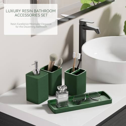 Green Bathroom Set, Dark Green Bathroom Accessories Set with Shower Curtain and Rugs, Bath Towel Sets, Natural Loofah Sponge, Soap Dispenser, Toothbrush Holder, Bathroom Tumbler and Tray for Bathroom - Image 6