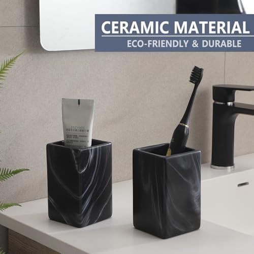 Matte Black Toothbrush Holders for Bathrooms - 2 Marble Square Cups Ceramic Toothbrush Toothpaste Holders Set, Black Bathroom Tumbler Cups Reusable Toothbrush Cup, Bathroom Counter Organizer - Image 7