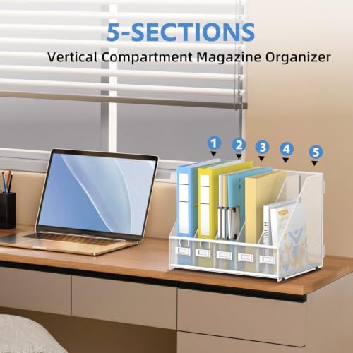 5 Vertical Compartments Magazine File Holder, Metal Binder Organizer, White - Image 5