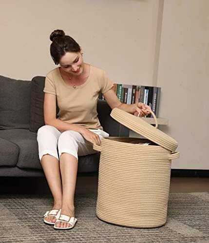 16x18 Inch Extra Large Round Cotton Rope Storage Basket with Lid, Decorative Woven Bin with Cover for Living Room Bedroom Closet, Beige - Image 4