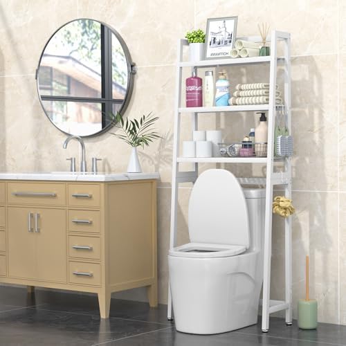 VASMIA Over The Toilet Storage,Bamboo 3-Tier Bathroom Organizer Over Toilet Storage Cabinet,Freestanding Space Saver with 3 Hooks White - Image 4