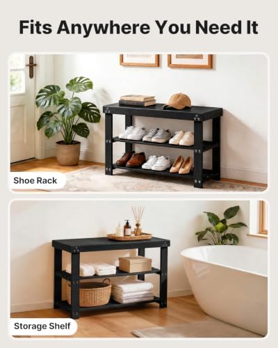 Amada 3 Tier Bamboo Shoe Rack Bench for Entryway, Living Room, Black - Image 5