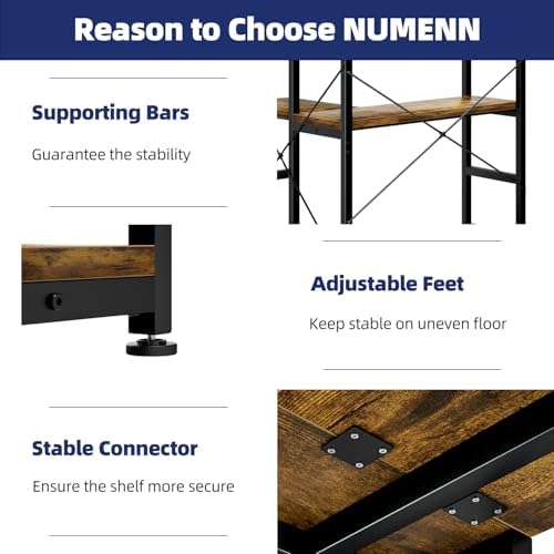 NUMENN 5-Tier Corner Bookshelf, 27"L*23"W*66''H L-Shaped Bookcase, Vintage - Image 5