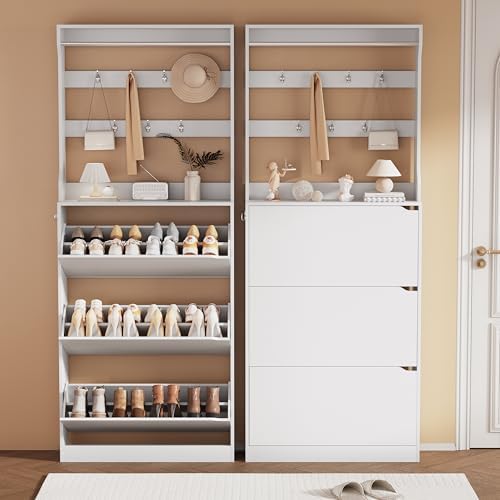 White Hidden Shoe Cabinet with 3 Flip Drawers & Coat Rack, Entryway - Image 3