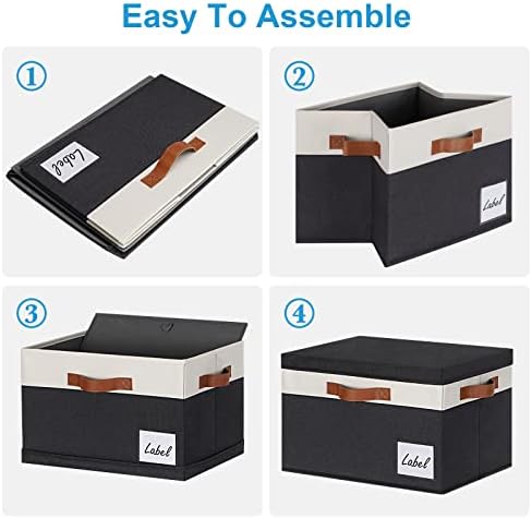 Large Storage Bins with Lids, Foldable Fabric Storage Baskets with Lids, Sturdy Storage Boxes with Labels and 3 PU Handles for Closet Home Bedroom Office (3 Packs, Black&White) - Image 4
