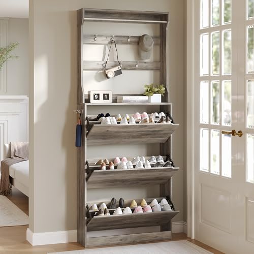 Wodeer Tall Shoe Cabinet with Coat Rack, Hidden Shoe Storage Cabinet with Doors & Drawer, Hanging Bar & Hooks, Slim Narrow Freestanding Shoe Rack Organizer for Entryway, Hallway & Living Room, Grey by WODEER
