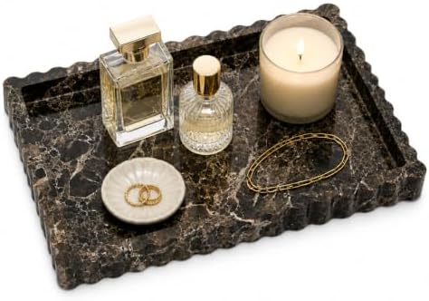 Vikua Dark Brown Marble Vanity Tray, 11.8×8in Scalloped Edge for Bathroom by Vikua
