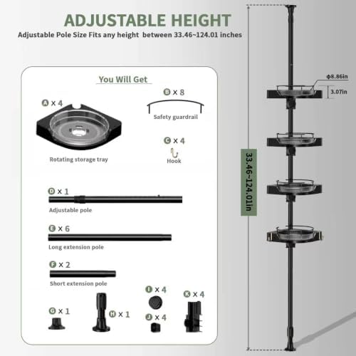 360° Rotating Tension Pole Caddy – 4-Tier Corner Shower Organizer, Height Adjustable 33"–124", Space-Saving for Bathroom, Kitchen Counter, Cabinet Gaps & Bathtub (black) - Image 2