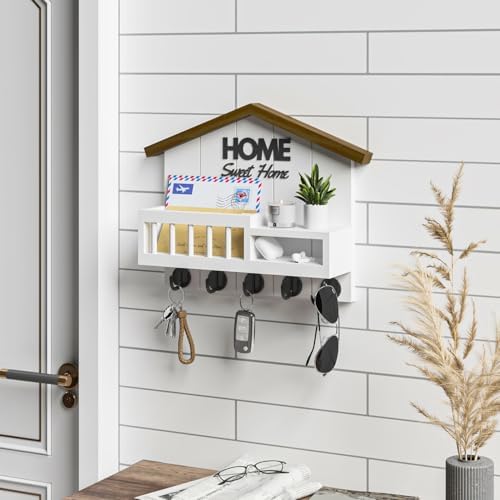 Key and Mail Holder for Wall, Wall Key Holder with Shelf, Key Rack Wall Mount, Wood Key Holder Wall Mount White, Mail Organizer Wall Mounted, Entryway & Front Door Key Holder with 5 Hooks - Image 6