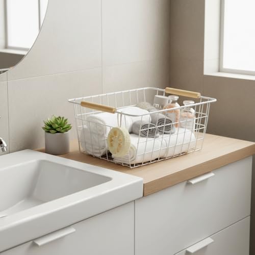 4 Pack White Metal Wire Food Storage Basket Organizer with Wooden Handles for Organizing Kitchen Cabinets Large - Image 7