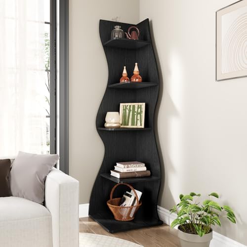 LITTLE TREE Small Corner Shelf, Modern 5-Tier Wall Corner Bookshelf, Stylish Bookcase Storage Rack for Small Space, Living Room, Bedroom, Black, 2 Pack - Image 4