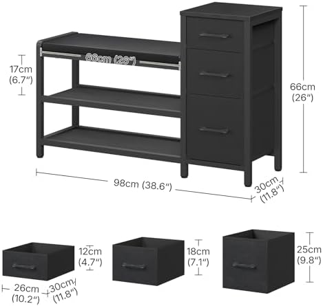 YATINEY Entryway Bench with Shoe Storage, 3-Tier Shoe Rack Bench with Wooden Shelves and 3 Non-Woven Drawers, PU Padded Shoe Storage Bench for Entryway, Bedroom, Black HX07BB - Image 3