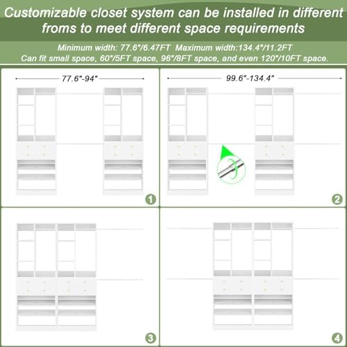 Besiost Closet System, Up to 134"/11.2 FT Closet Organizer with 4 Wooden Drawers and Shelves, Walk-in Closet System with 6 Hanging Rods, Built-in Closet Can Fit 96"/8FT, 120"/10FT, White Set 2 - Image 2