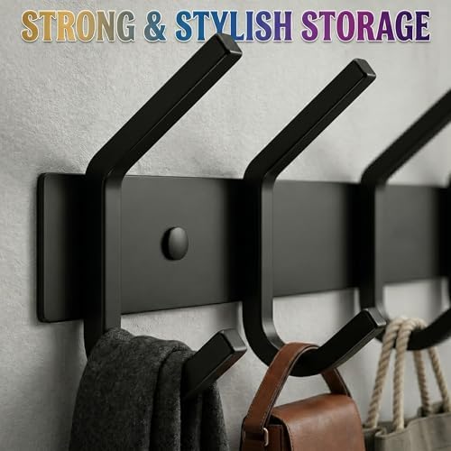 Coat Rack Wall Mount – 17 Inch Stainless Steel Hook Rail with 6 Double Coat Hooks for Hanging – Wall Mounted Entryway Organizer for Coats, Hats, Bags, Towels, Robes, Closet or Bathroom - Black 3 Pack - Image 4