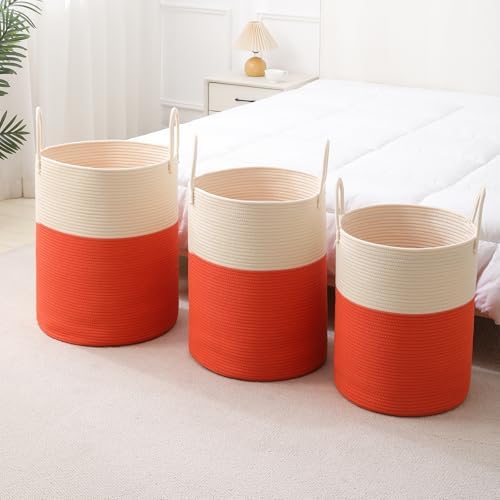 Woven Laundry Hamper Tall Rope Storage Basket for Blanket oys Dirty Clothes in Living Room Bathroom Bedroom (White&Orange, 60L/15.8Gal) - Image 5
