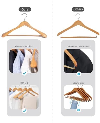 Nature Smile Luxury Natural Wooden Suit Hangers - 12 Pack - Wood Coat Hangers,Jacket Outerwear Shirt Hangers,Glossy Finish with Extra-Wide Shoulder, 360 Degree Swivel Hooks & Anti-Slip Bar with Screw - Image 4