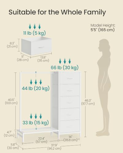 SONGMICS Dresser with Hanging Rod, 5 Fabric Drawers, Bottom Shelf - Image 3