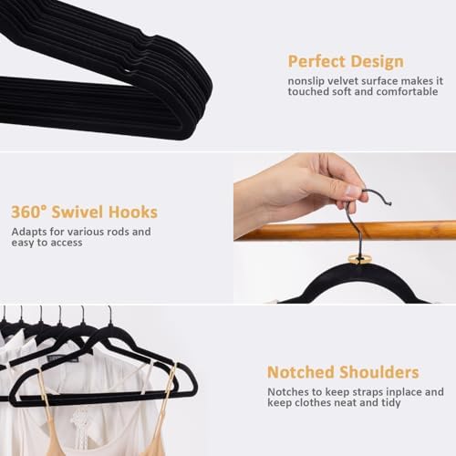 Black Velvet Clothes Hangers 60 Pack, Slim Space Saving Suit Hangers for Closet Organizer, 360° Rotating Black Hooks, Non Slip Clothes Felt Hangers Heavy Duty for Coats,Shirts, Pants, and Dress - Image 3