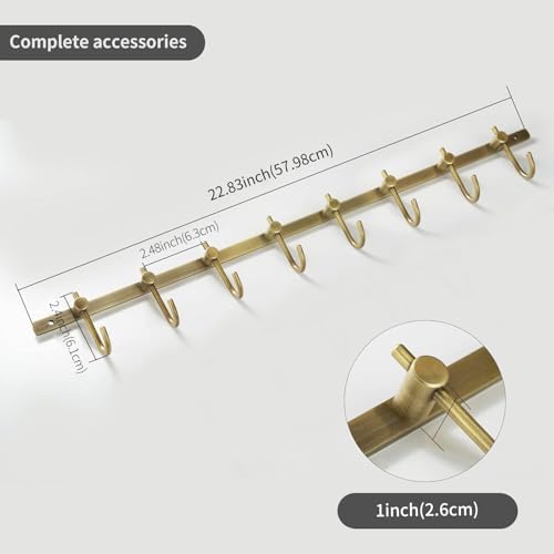 WINCASE Antique Brass Hooks, 8 Hook Coat Rack, Bath Wall Mounted Vintage Brushed Brass Bathroom Row Hooks Rustic Towels Coats Hooks - Image 5