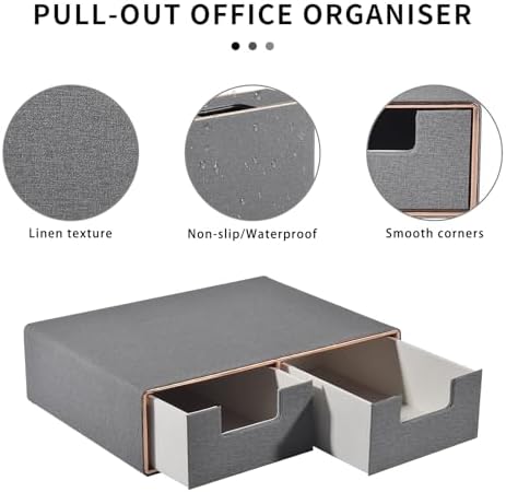 Linen Leather Desk Organizer with Drawers－Mini Desktop Drawer Organizer Stackable－Multifunctional Tabletop Organization Storage Box for Office Supplies Home Vanity Toiletries (Grey, 2-drawers) - Image 5