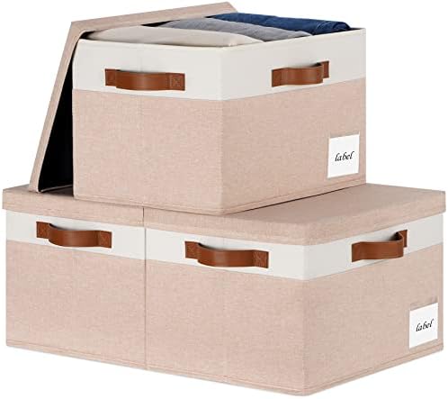Large Storage Bins with Lids, Foldable Fabric Storage Baskets with Lids, Sturdy Storage Boxes with Labels and 3 PU Handles for Closet Home Bedroom Office (26L, 3 Packs, Pink&White) by PFFVRP