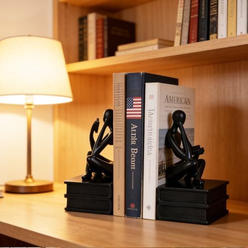 SHENGTIAN Black Reading Thinker Statue Bookends Set of 2, Resin Shelf Decor - Image 6