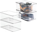 mDesign Stackable Plastic Closet Storage Container Bin Box with Hinge Lid for Organizing Shoes, Booties, Pumps, Sandals, Wedges, Flats, Heels - Lumiere Collection - 4 Pack - Clear by mDesign