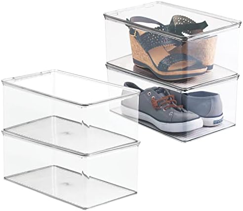 mDesign Stackable Plastic Closet Storage Container Bin Box with Hinge Lid for Organizing Shoes, Booties, Pumps, Sandals, Wedges, Flats, Heels - Lumiere Collection - 4 Pack - Clear by mDesign