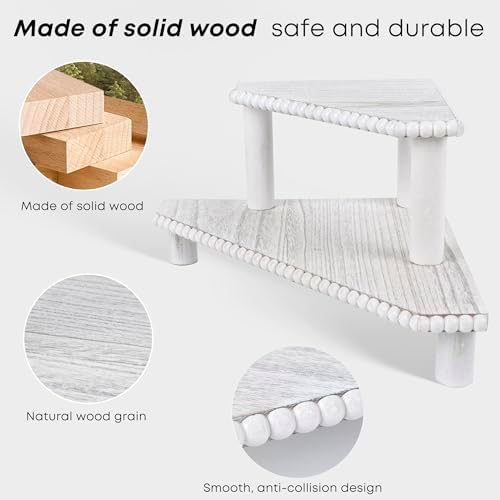 2-Tier Rustic Corner Shelf for Kitchen Counter,Wood Beaded Farmhouse Countertop Organizer with Removable Feet, Stackable Bathroom Vanity & Coffee Bar Decorative Riser Stand(Rustic White) - Image 5