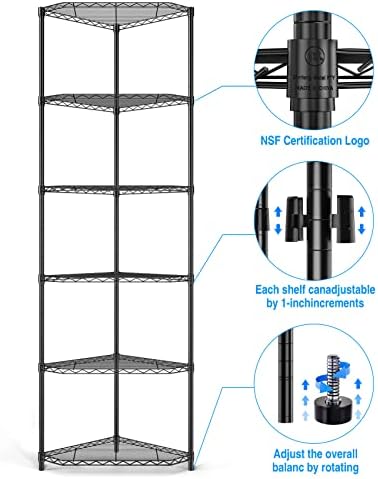 6 Tier NSF Metal Shelf Pentagonal Corner Wire Shelving Unit, 600lbs Capacity Heavy Duty Adjustable Storage Rack with Shelf Liners for Kitchen Garage Office Etc Room Corner, 72"H x 20"L x 20"D - Black - Image 4