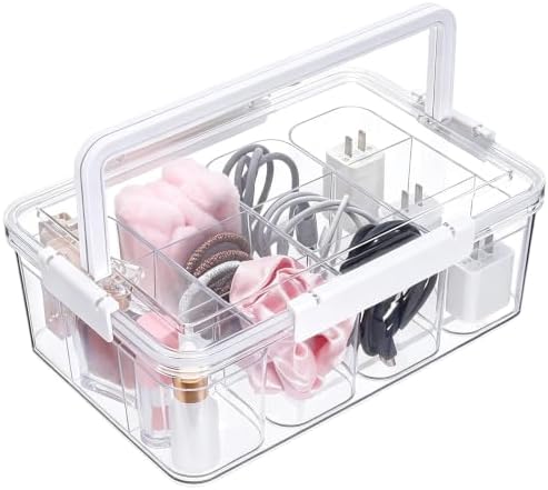 Large Cable Storage Box with Lid Clear Power Cords Organizer 4 Adjustable Dividers Case Desktop Cable Management Box for Home Office Phone Charger Art Crafts Stationery (White) by DELORIGIN