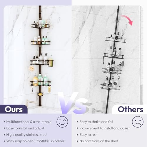 SWTYMIKI Shower Caddy Tension Pole - 4-Tier Corner Shower Organizer Tension Rod with Soap Holder, Toothbrush Holder & 4 Hooks, Adjustable Stainless Steel Bathroom Organizer 27.6 to 108.3 inch, Bronze - Image 2
