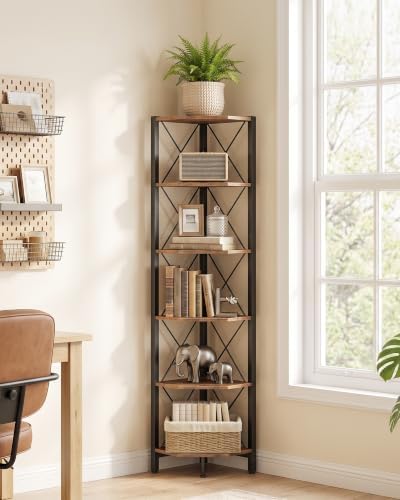 CHOEZON 6-Tier Corner Shelf, Corner Bookcase, 66.9" Tall Vertical Display Rack, Plant Stand, Open Storage Shelf, for Living Room, Bedroom, Study, Kitchen, Rustic Brown and Black TCJ13BF - Image 6
